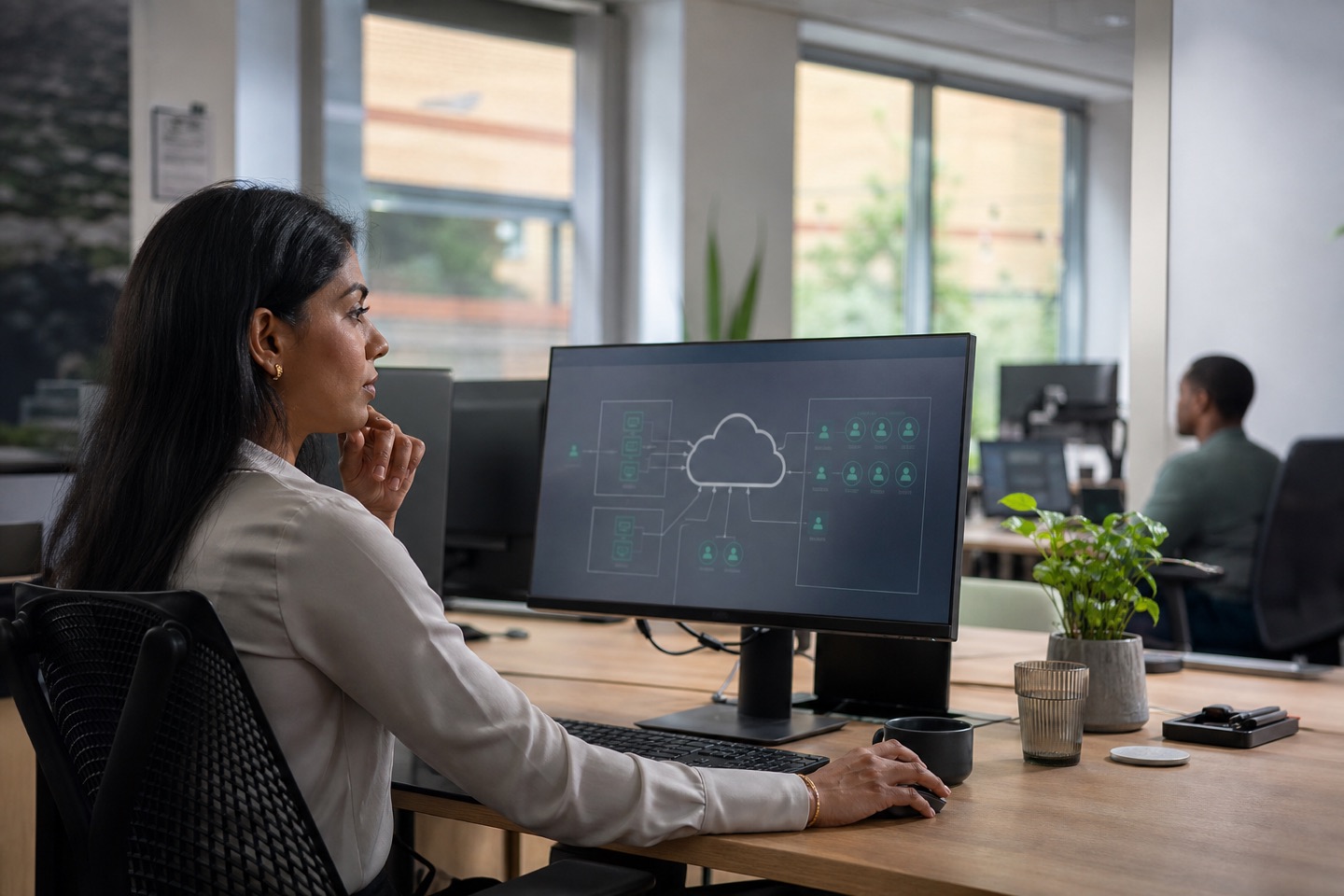 Cloud security analyst reviewing access controls in an office