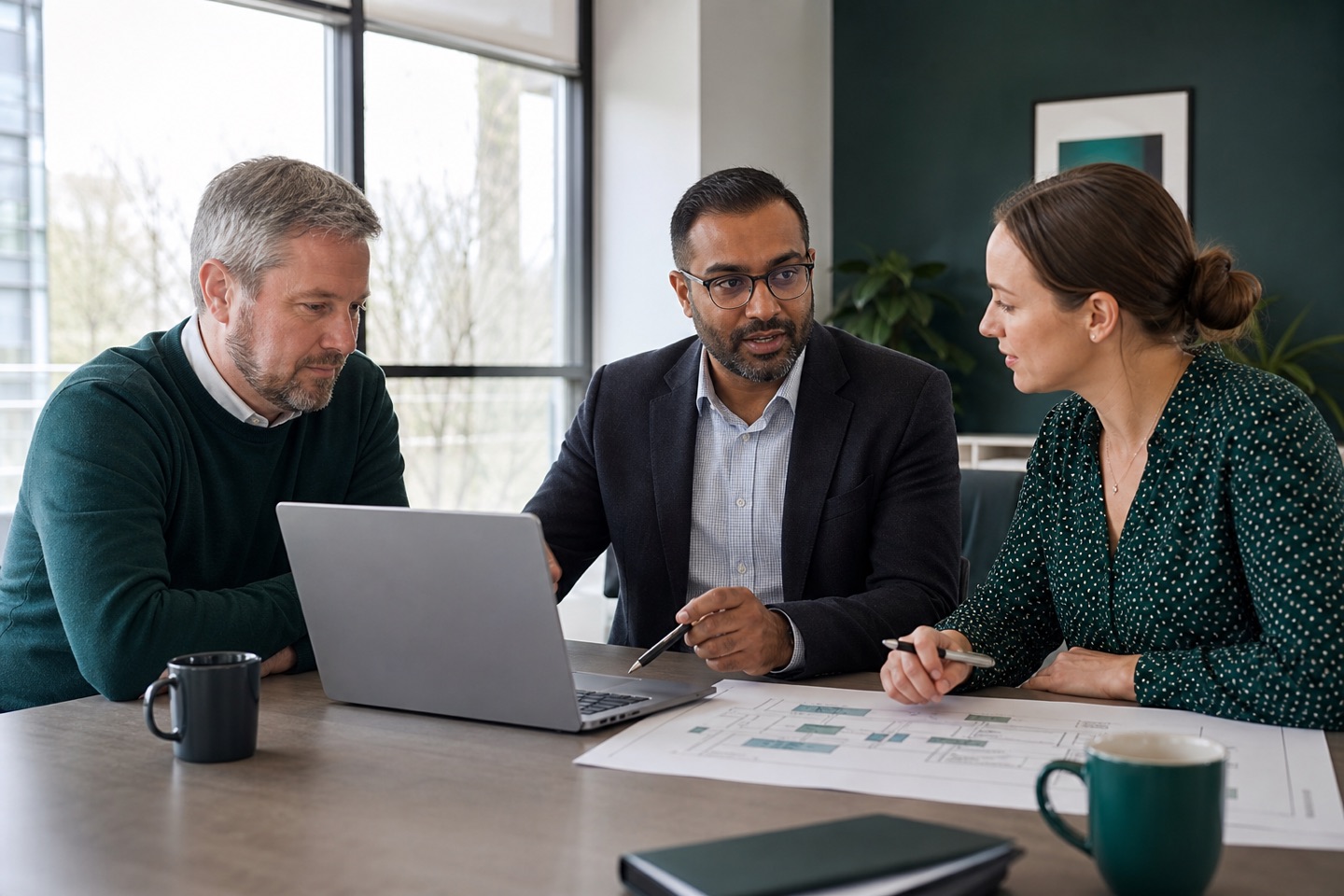 Cybersecurity consultant discussing a network plan with two business stakeholders