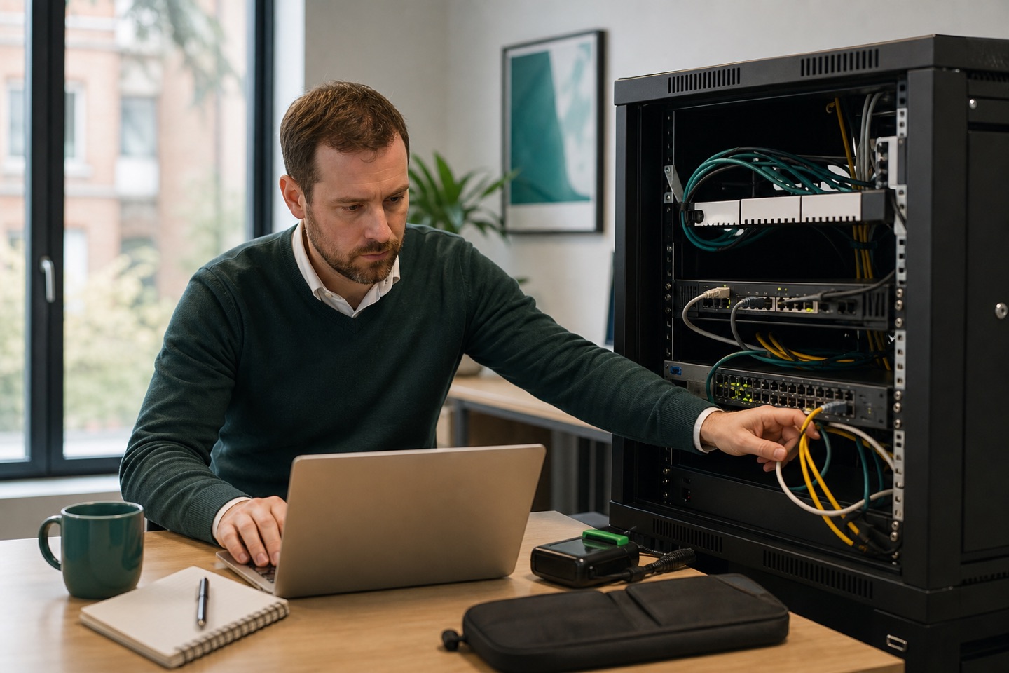 Network security professional reviewing firewall and network equipment